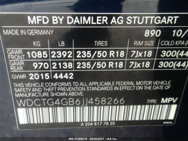 Photo 8 VIN: WDCTG4GB6JJ458266 - MERCEDES-BENZ GLA 