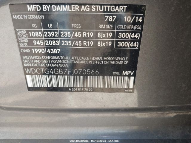 Photo 8 VIN: WDCTG4GB7FJ070566 - MERCEDES-BENZ GLA-CLASS 