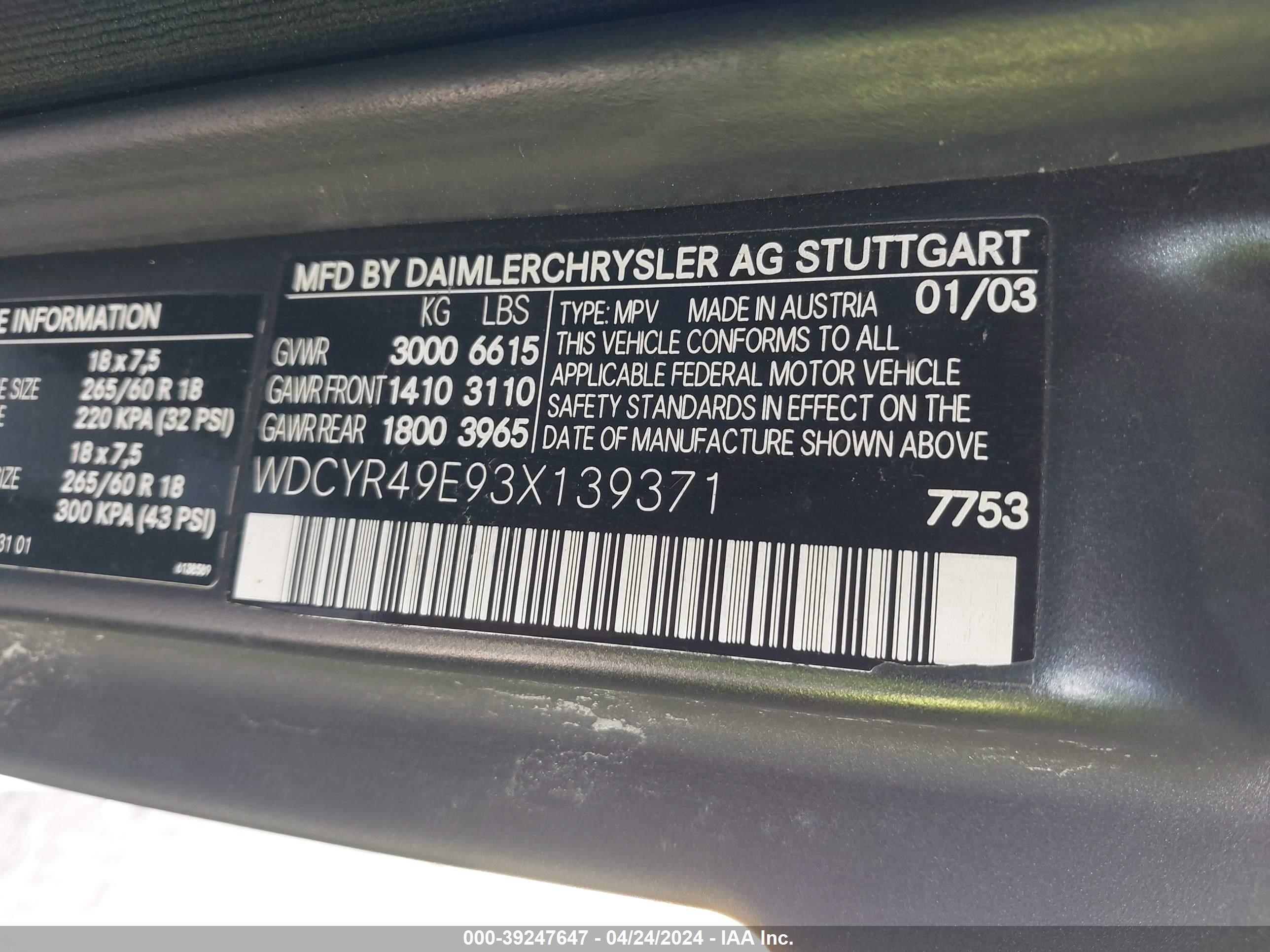 Photo 8 VIN: WDCYR49E93X139371 - MERCEDES-BENZ NULL 