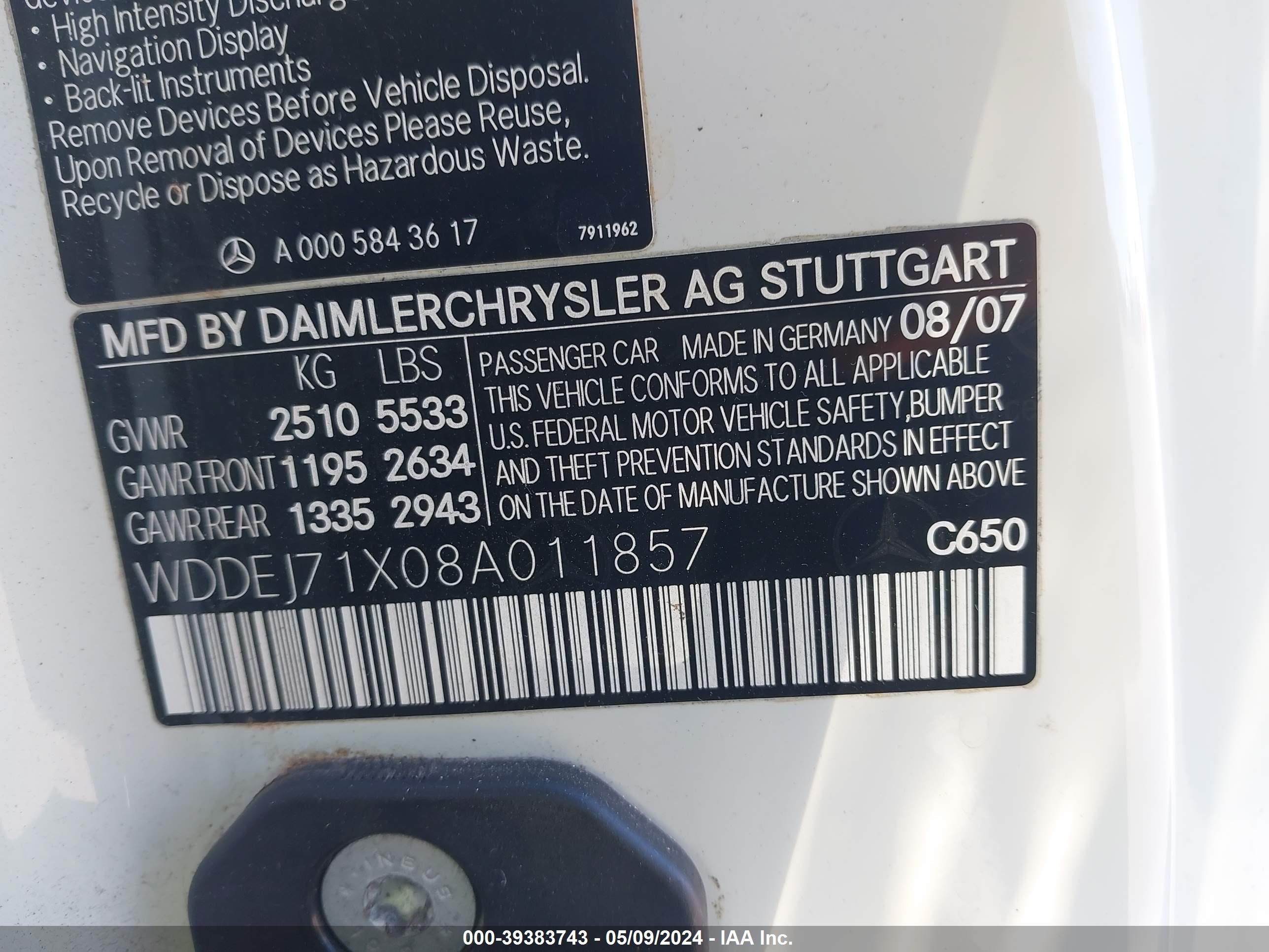 Photo 8 VIN: WDDEJ71X08A011857 - MERCEDES-BENZ NULL 