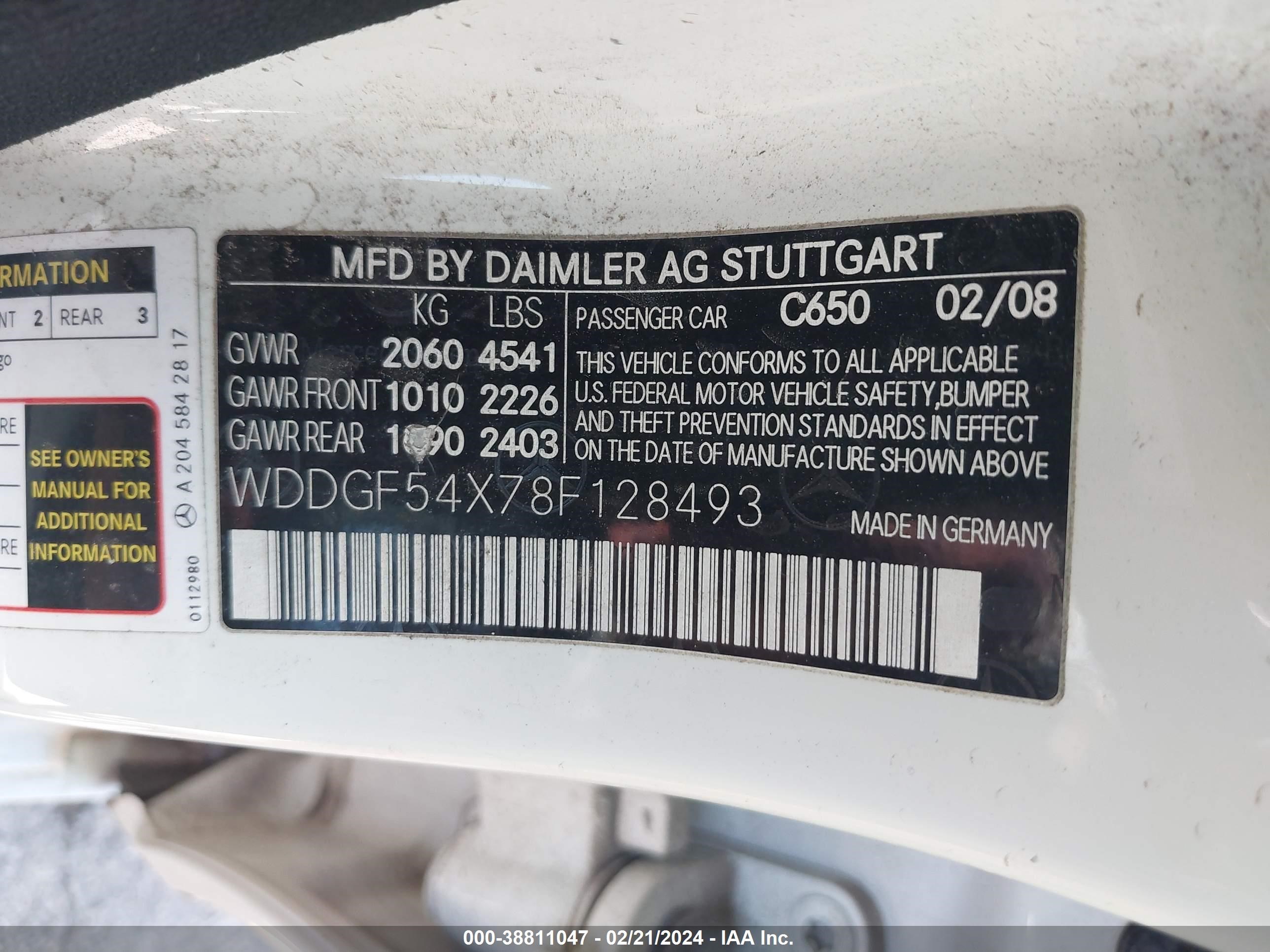 Photo 8 VIN: WDDGF54X78F128493 - MERCEDES-BENZ C-KLASSE 