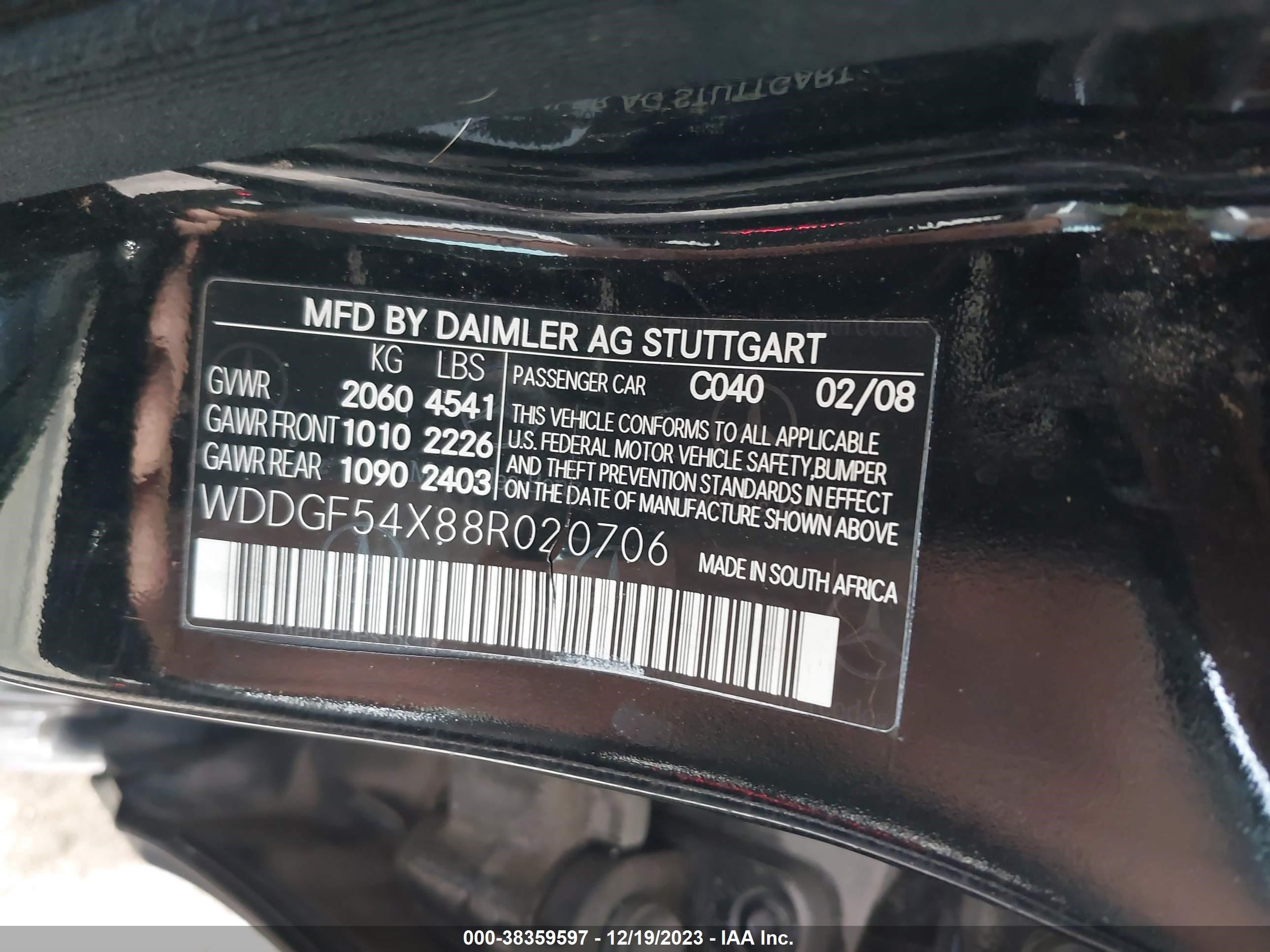 Photo 8 VIN: WDDGF54X88R020706 - MERCEDES-BENZ C-KLASSE 