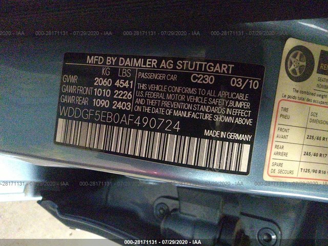 Photo 8 VIN: WDDGF5EB0AF490724 - MERCEDES-BENZ C-CLASS 