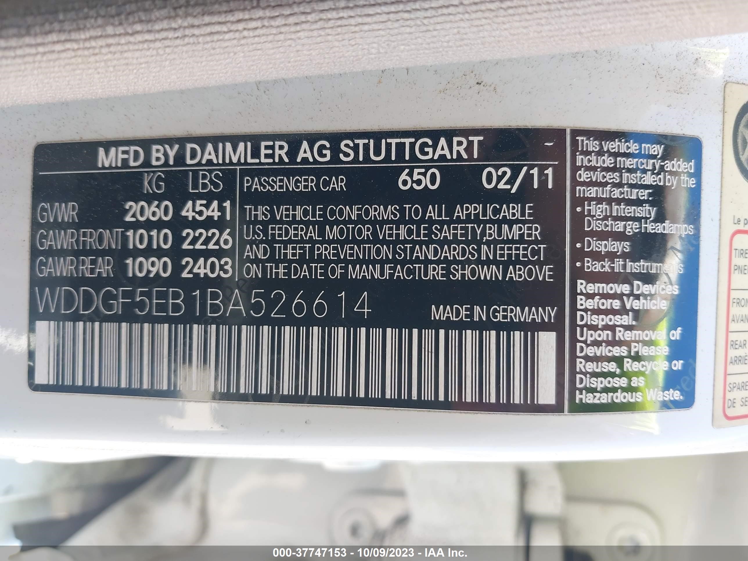 Photo 8 VIN: WDDGF5EB1BA526614 - MERCEDES-BENZ C-KLASSE 