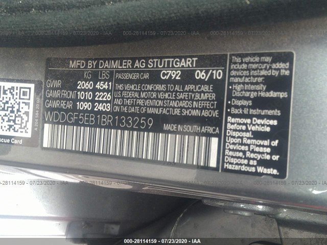 Photo 8 VIN: WDDGF5EB1BR133259 - MERCEDES-BENZ C-CLASS 