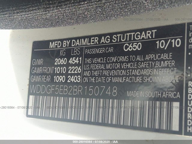 Photo 8 VIN: WDDGF5EB2BR150748 - MERCEDES-BENZ C-CLASS 