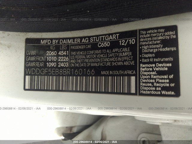 Photo 8 VIN: WDDGF5EB8BR160166 - MERCEDES-BENZ C-CLASS 