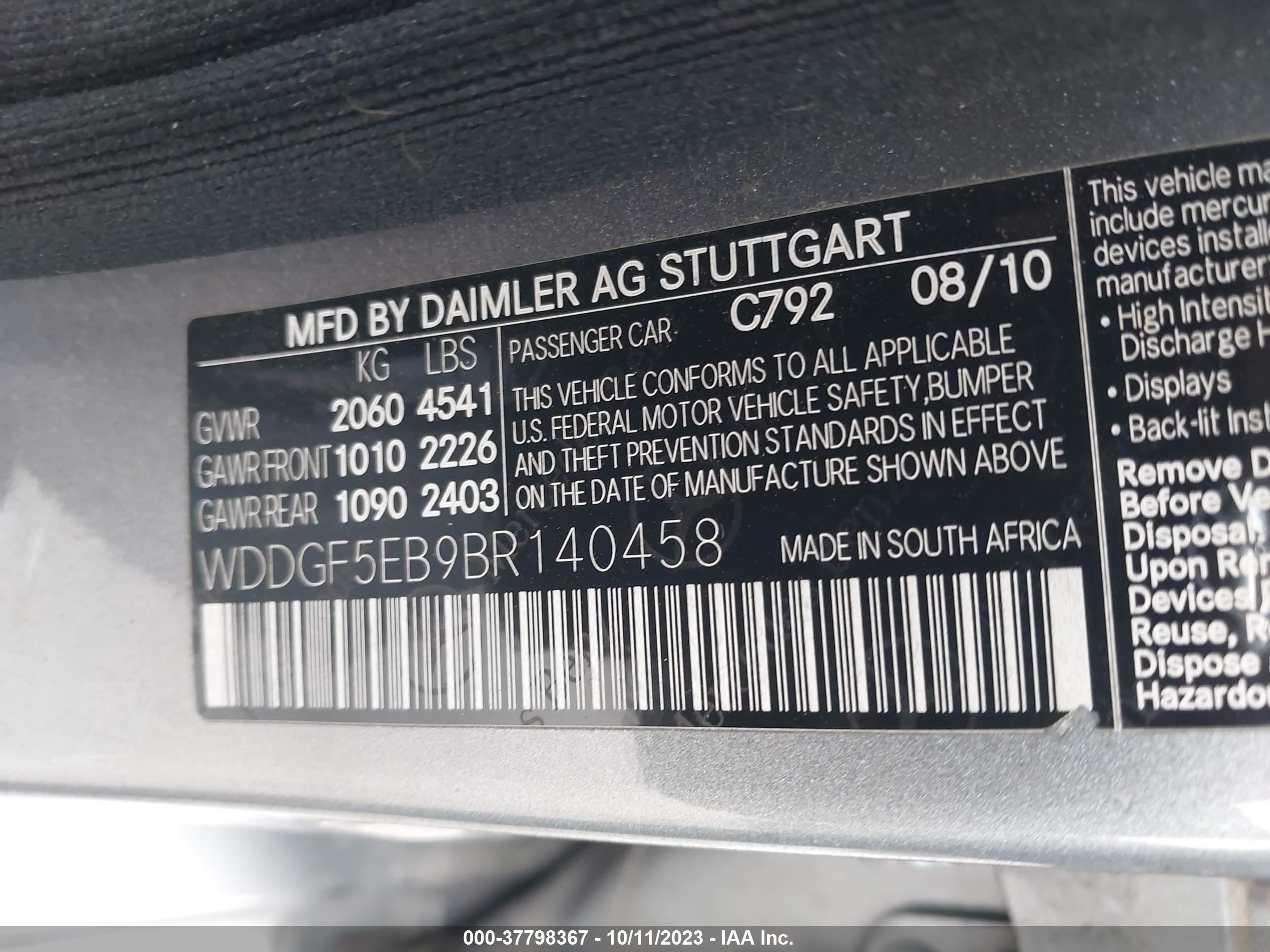 Photo 8 VIN: WDDGF5EB9BR140458 - MERCEDES-BENZ C-KLASSE 