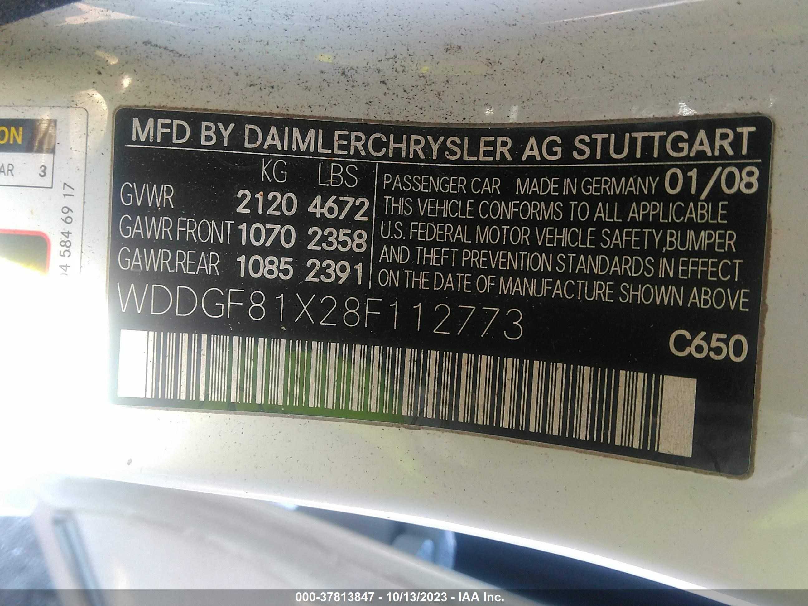 Photo 8 VIN: WDDGF81X28F112773 - MERCEDES-BENZ C-KLASSE 