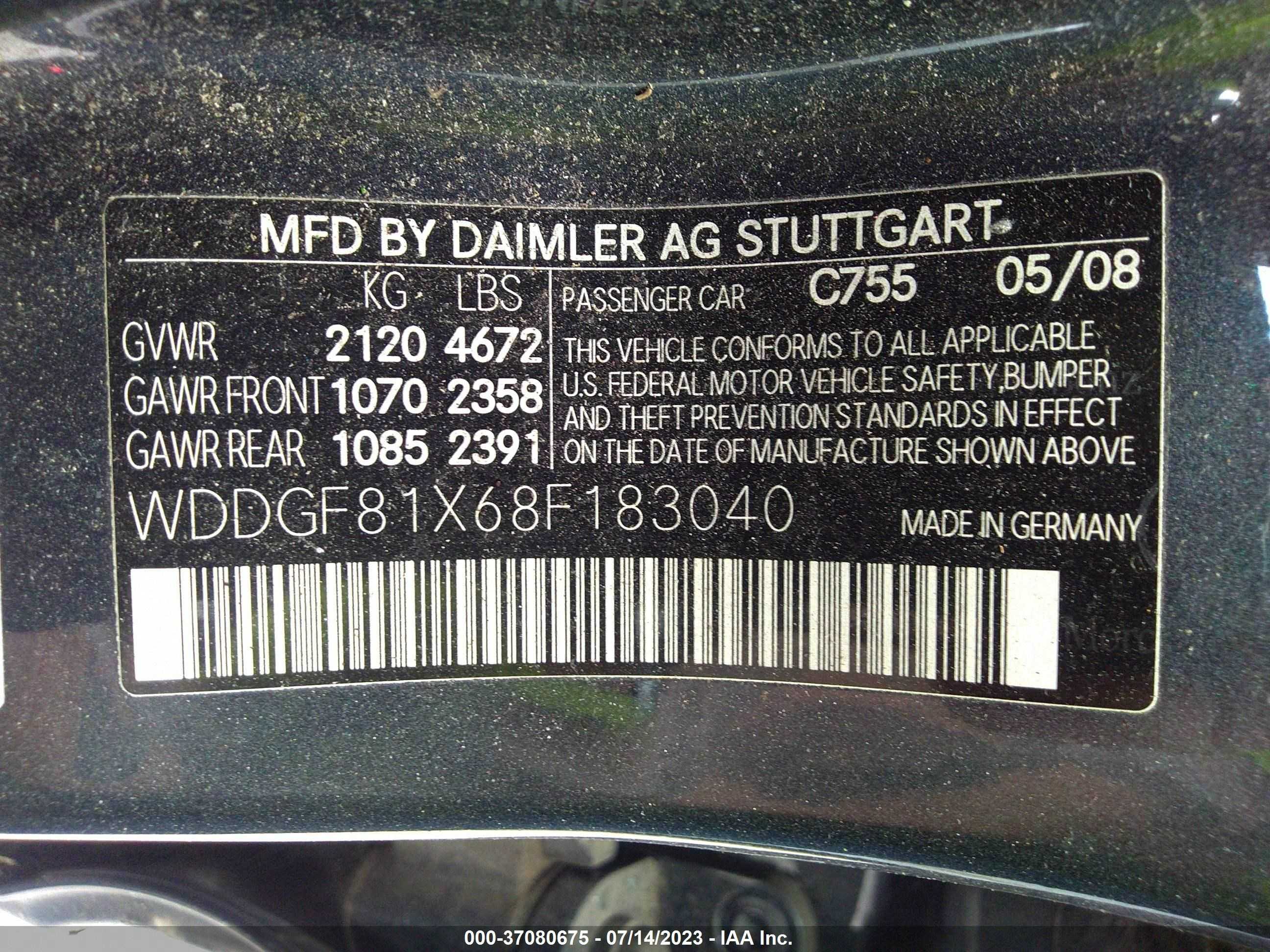 Photo 8 VIN: WDDGF81X68F183040 - MERCEDES-BENZ C-KLASSE 