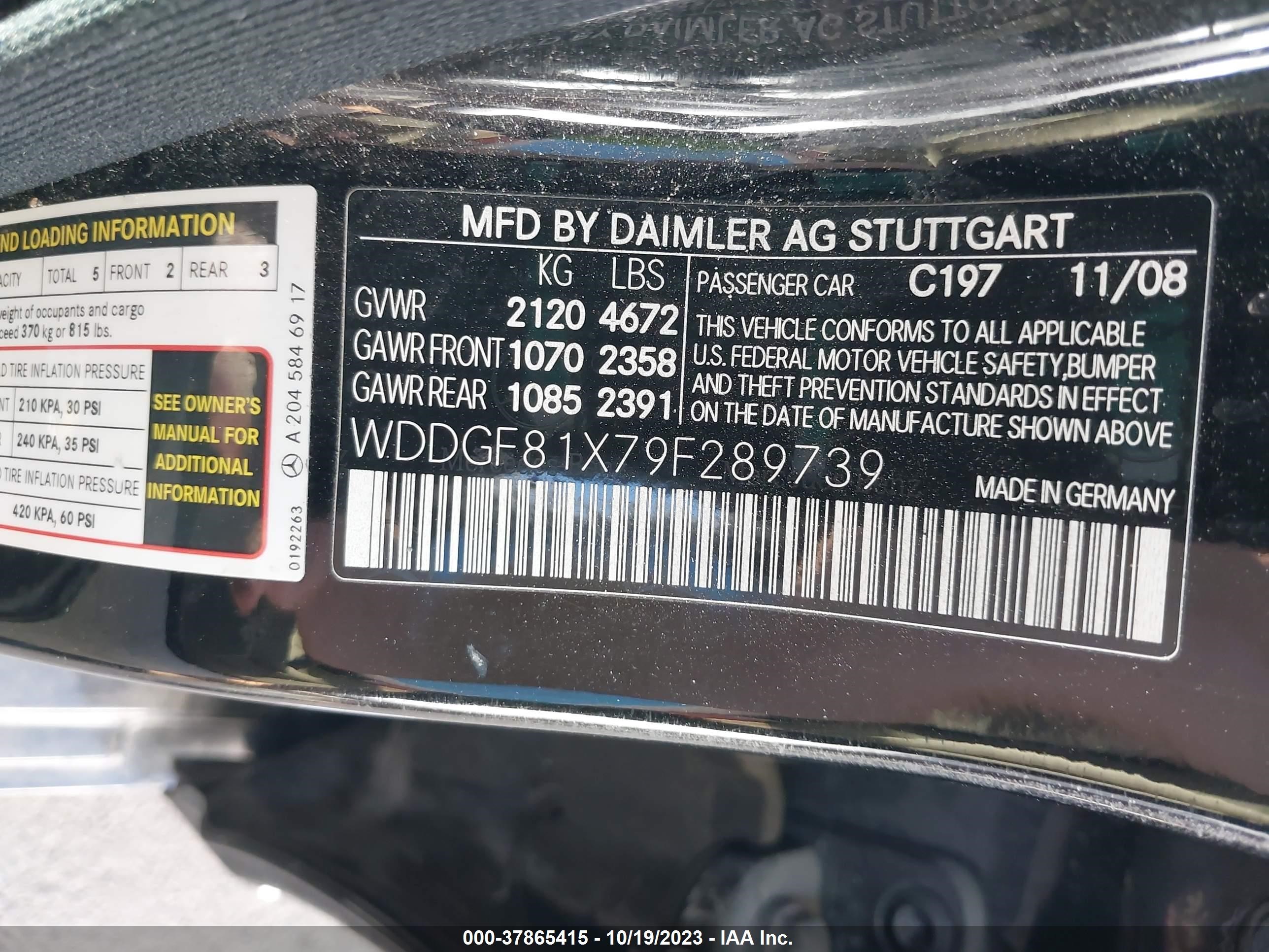 Photo 8 VIN: WDDGF81X79F289739 - MERCEDES-BENZ C-KLASSE 