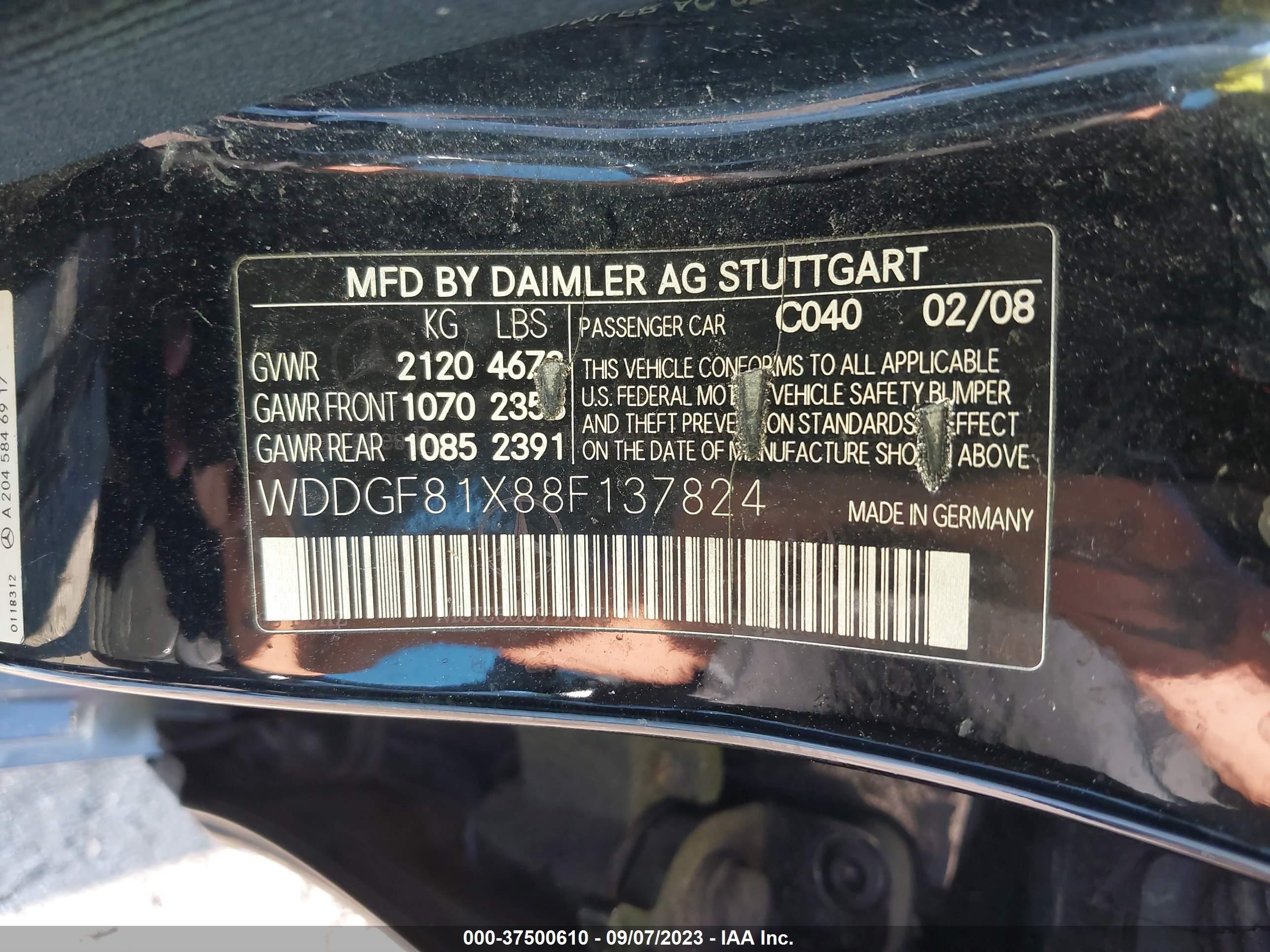 Photo 8 VIN: WDDGF81X88F137824 - MERCEDES-BENZ C-KLASSE 