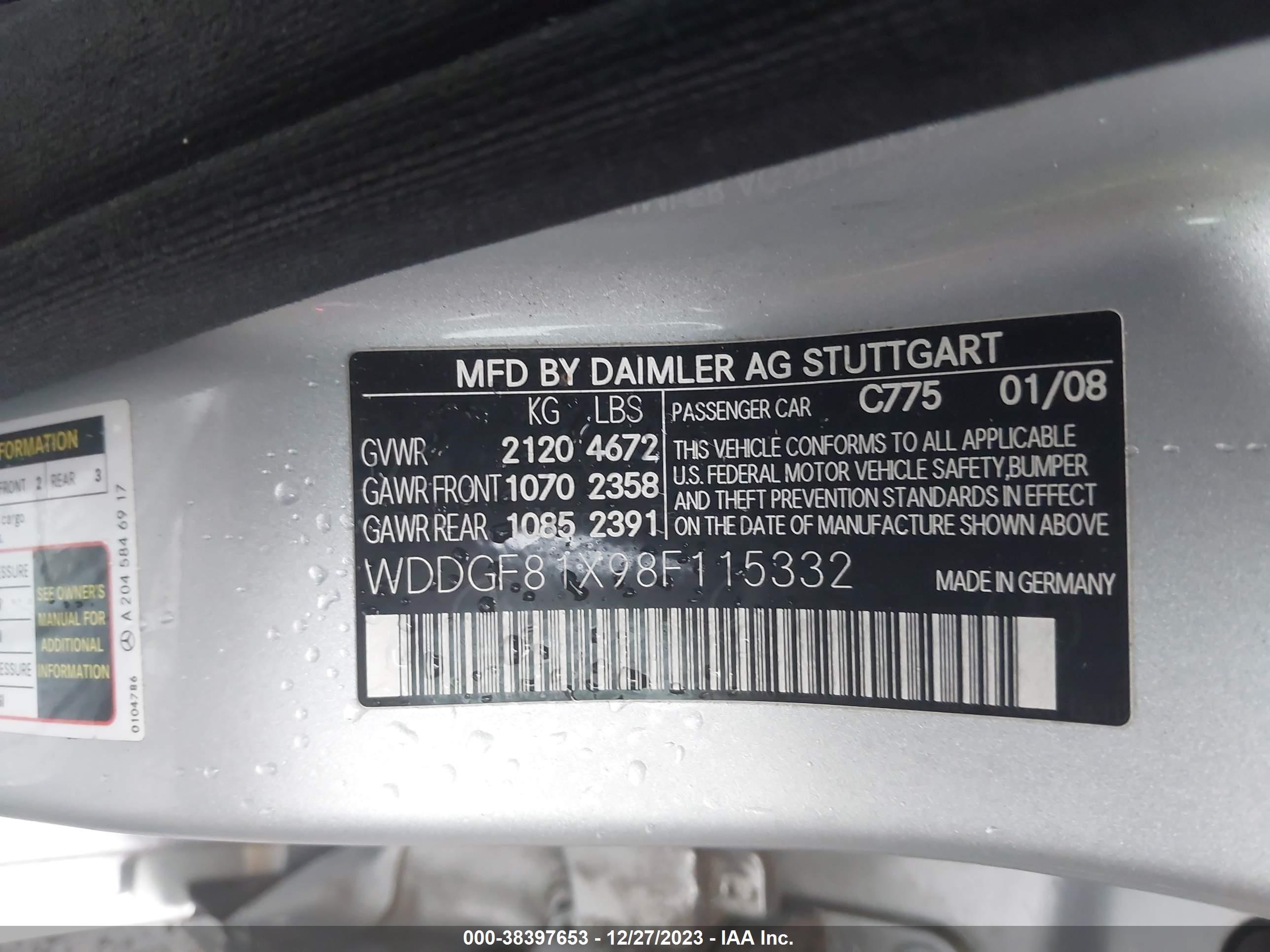 Photo 8 VIN: WDDGF81X98F115332 - MERCEDES-BENZ C-KLASSE 