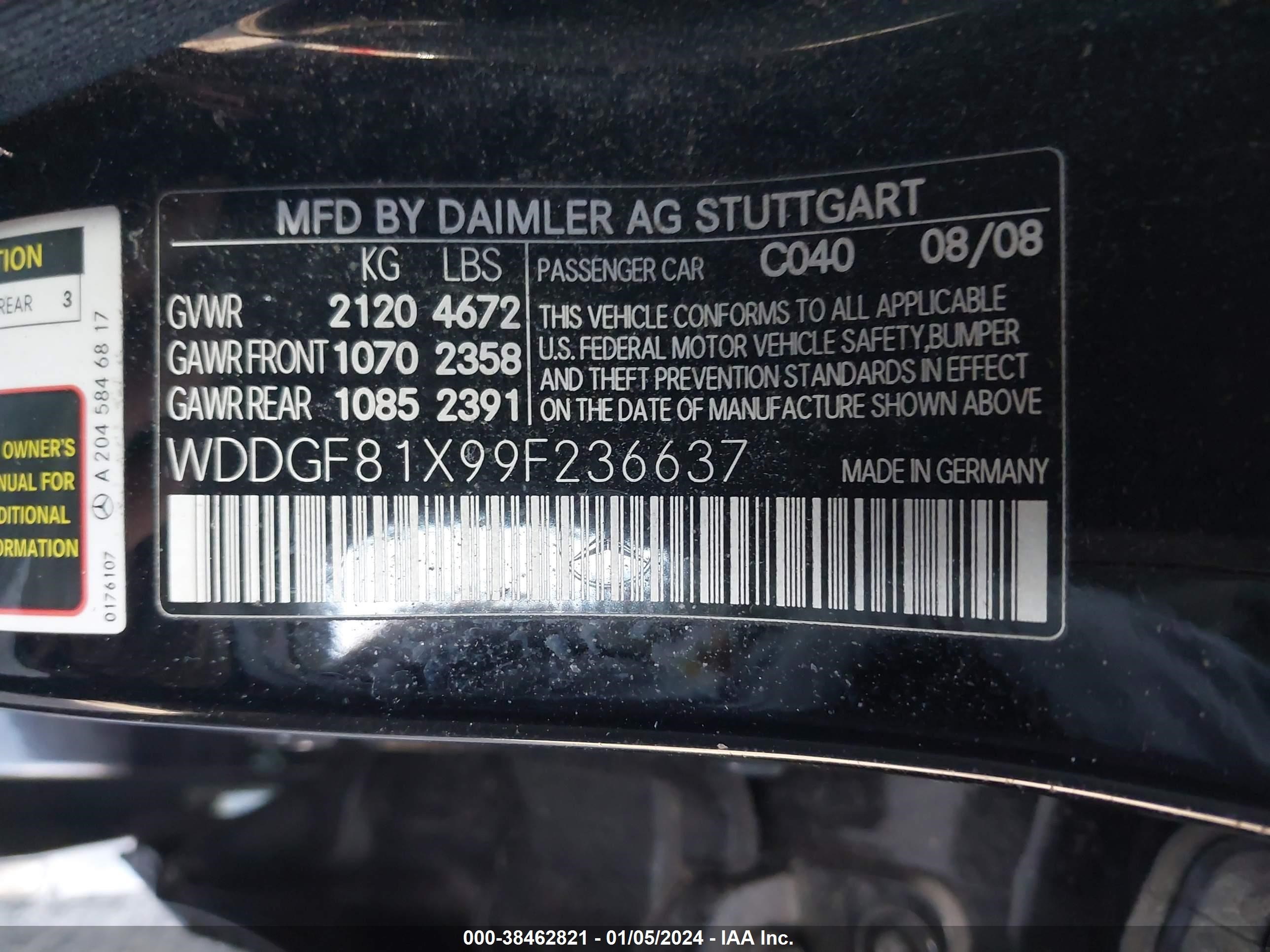 Photo 8 VIN: WDDGF81X99F236637 - MERCEDES-BENZ C-KLASSE 