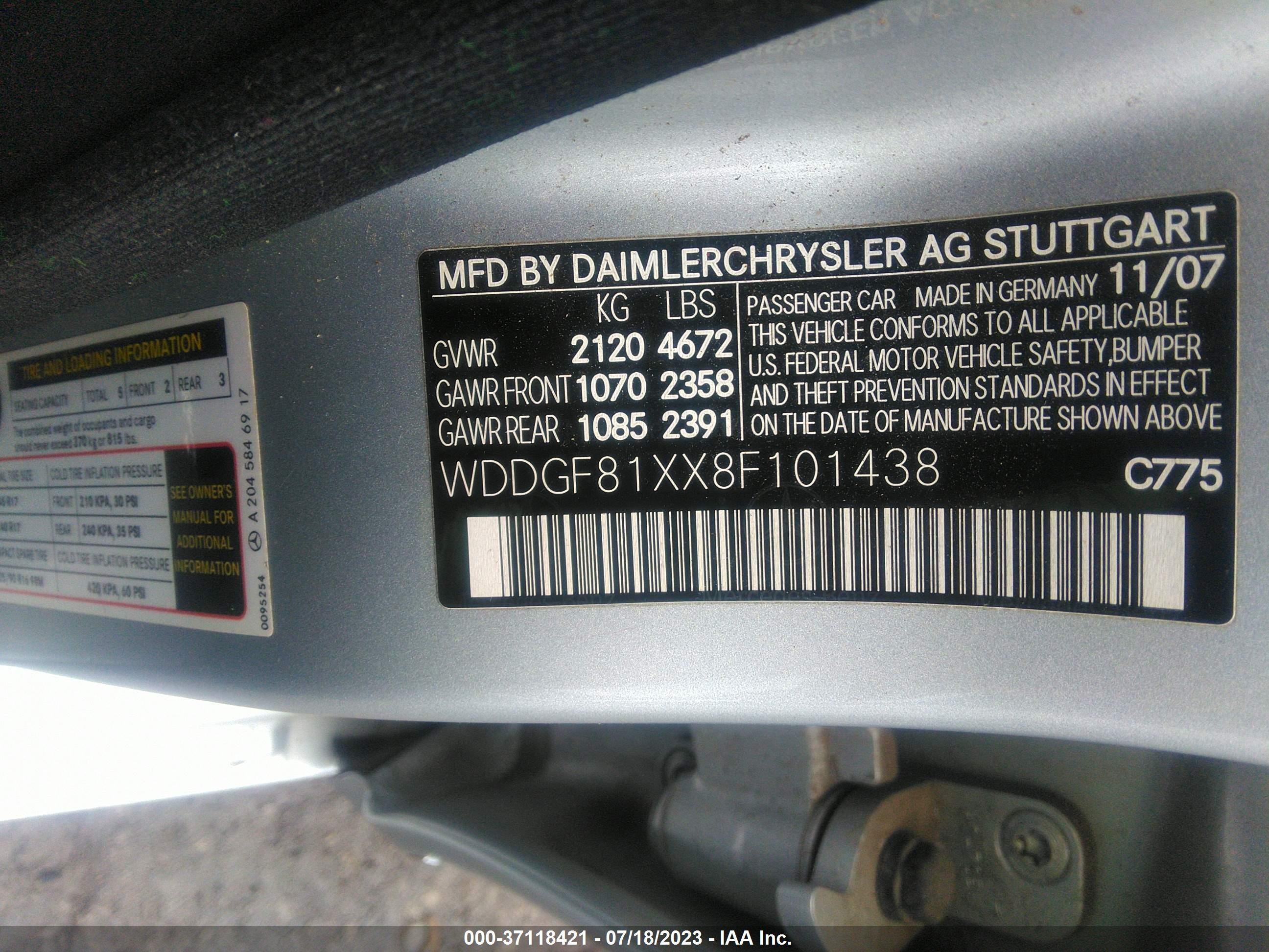 Photo 8 VIN: WDDGF81XX8F101438 - MERCEDES-BENZ C-KLASSE 