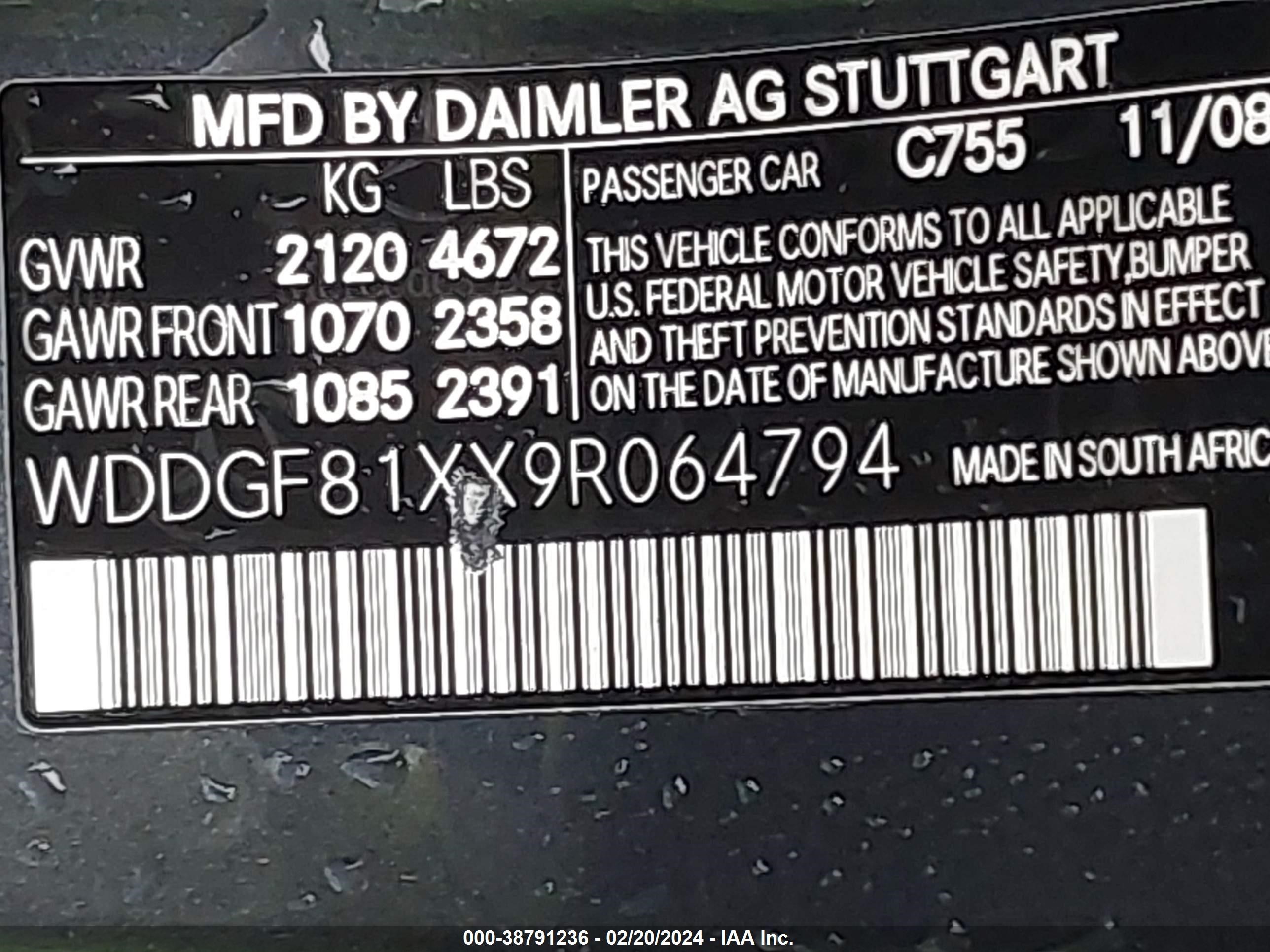 Photo 8 VIN: WDDGF81XX9R064794 - MERCEDES-BENZ C-KLASSE 