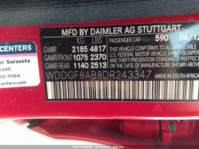 Photo 8 VIN: WDDGF8AB8DR243347 - MERCEDES-BENZ C-CLASS 