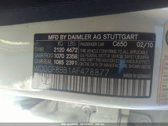 Photo 8 VIN: WDDGF8BB1AF478877 - MERCEDES-BENZ C-CLASS 