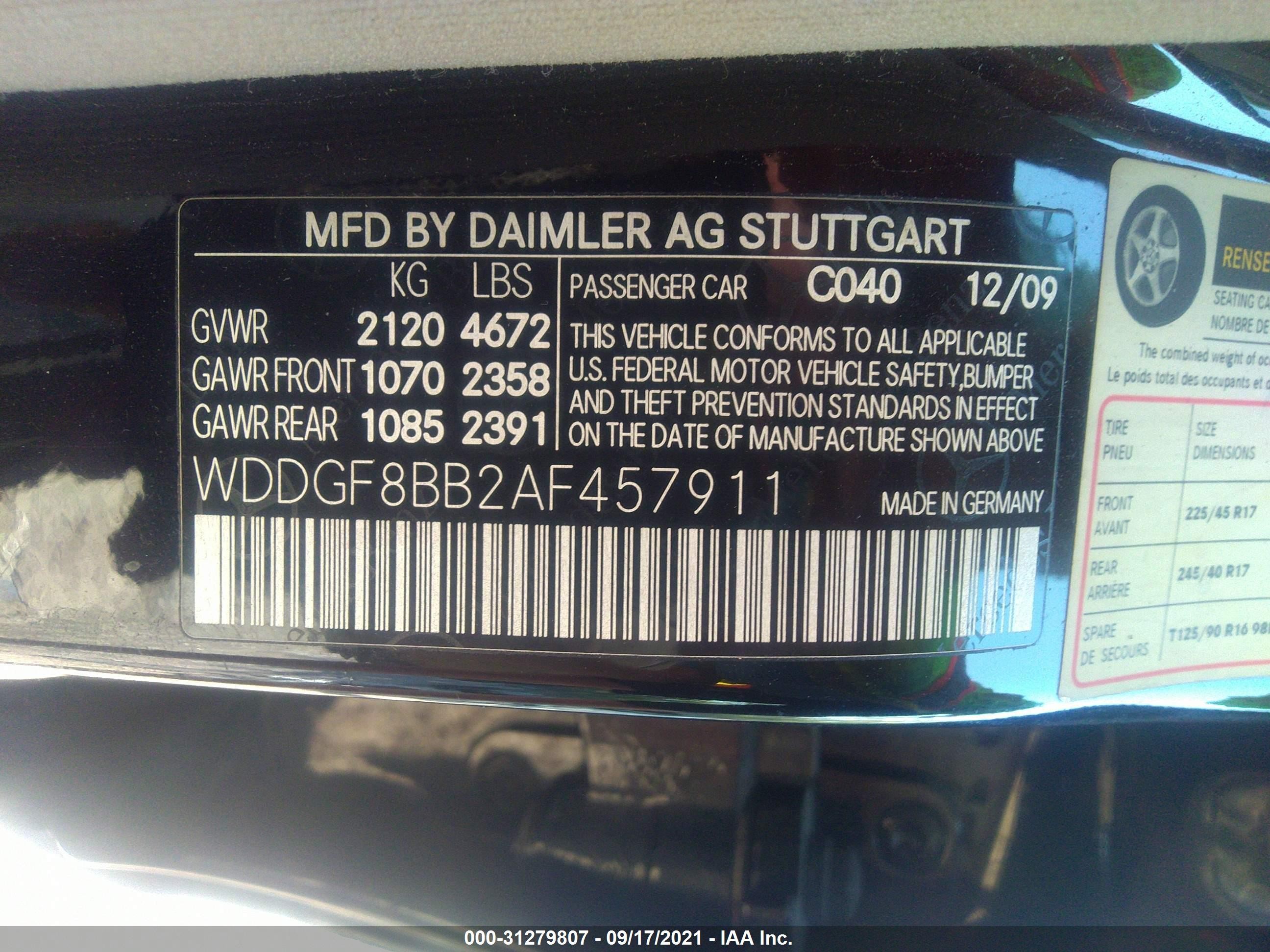 Photo 8 VIN: WDDGF8BB2AF457911 - MERCEDES-BENZ C-KLASSE 