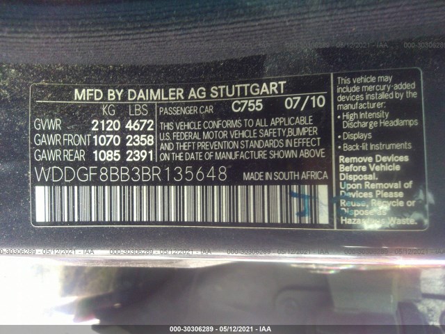 Photo 8 VIN: WDDGF8BB3BR135648 - MERCEDES-BENZ C-CLASS 