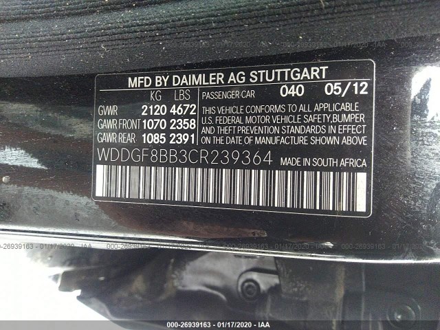 Photo 8 VIN: WDDGF8BB3CR239364 - MERCEDES-BENZ C-CLASS 