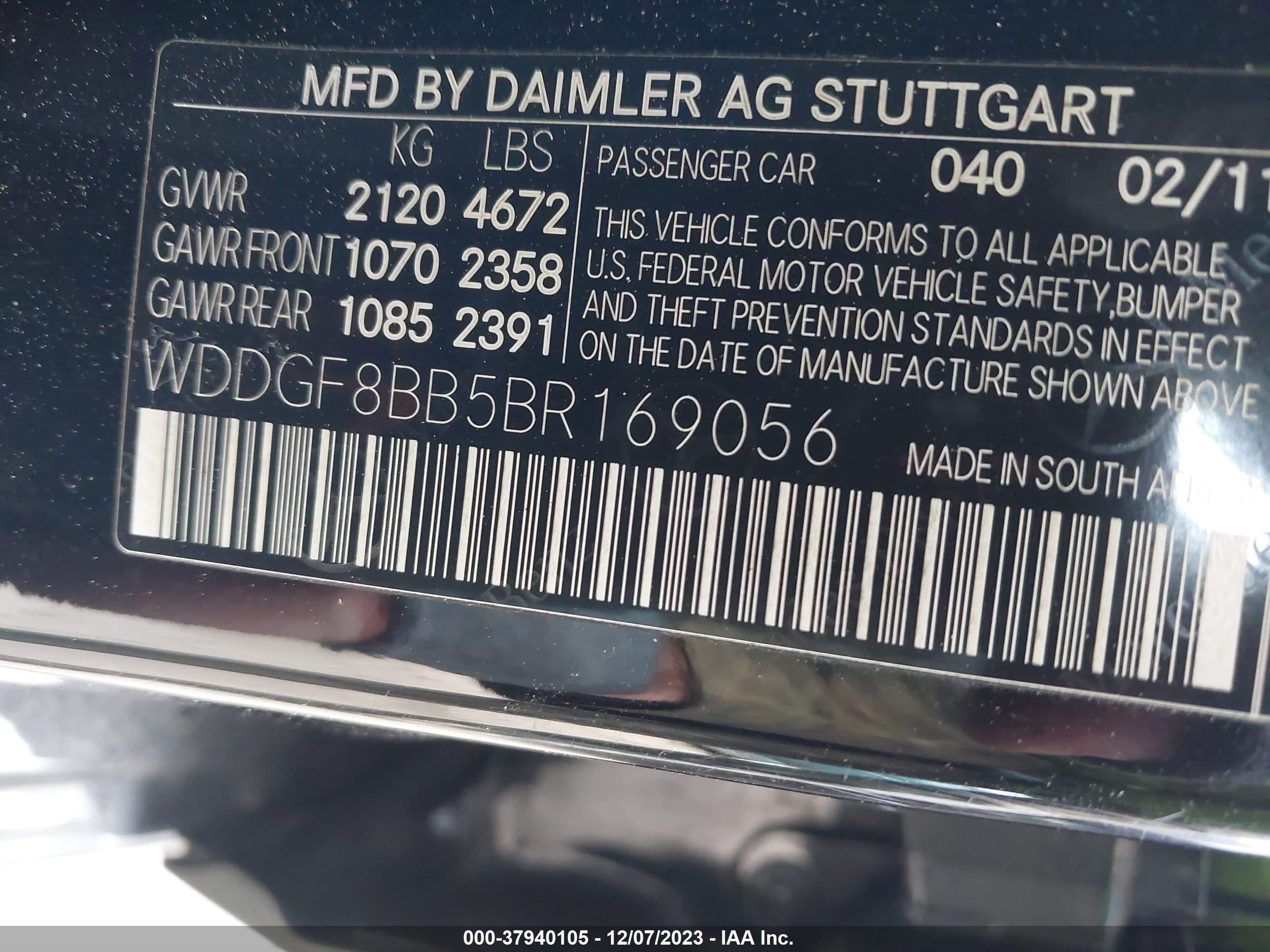 Photo 8 VIN: WDDGF8BB5BR169056 - MERCEDES-BENZ C-KLASSE 