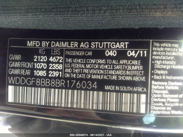 Photo 8 VIN: WDDGF8BB8BR176034 - MERCEDES-BENZ C-CLASS 