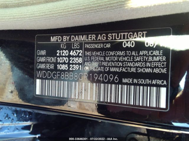 Photo 8 VIN: WDDGF8BB8CR194096 - MERCEDES-BENZ C-CLASS 