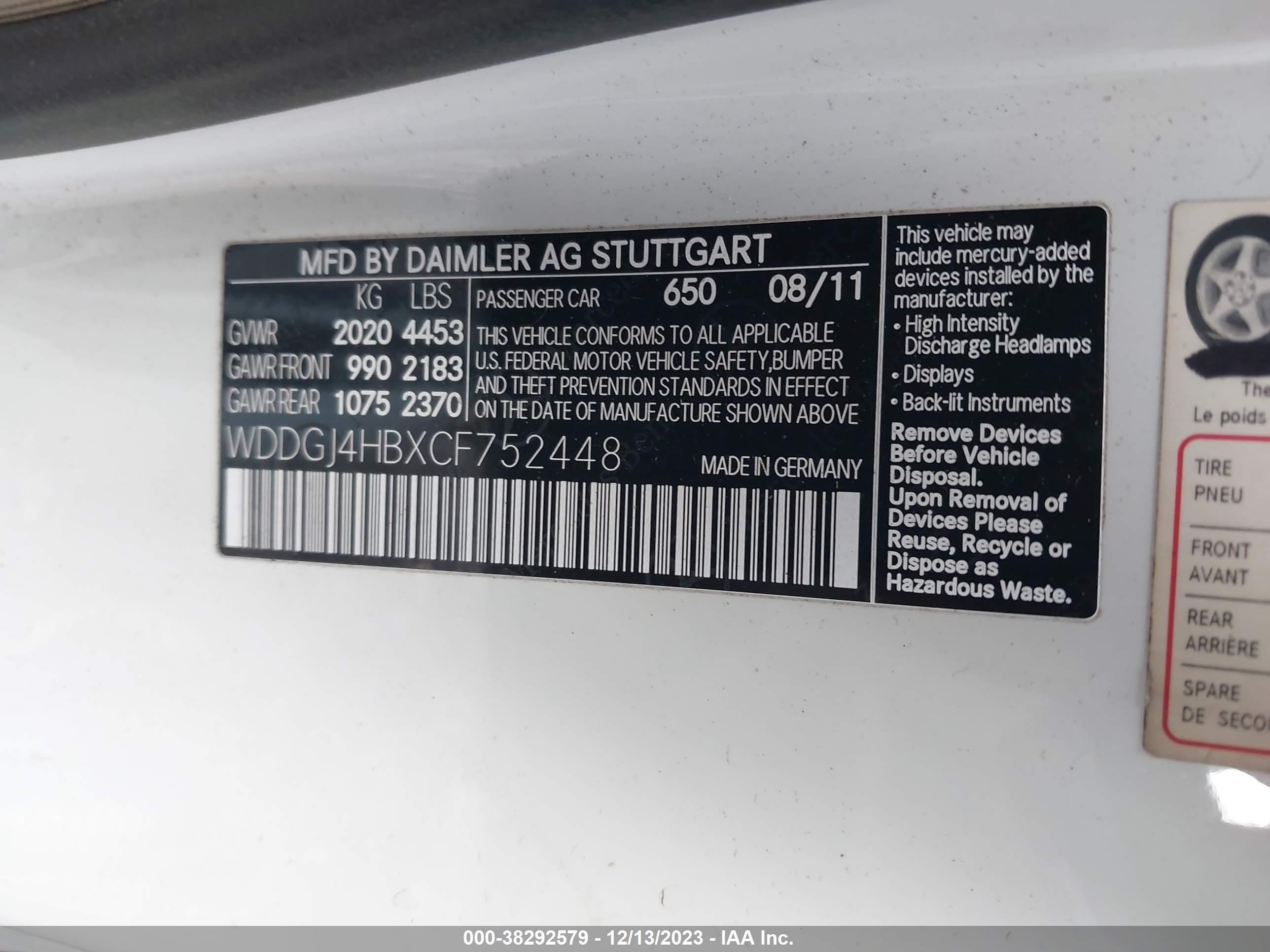 Photo 8 VIN: WDDGJ4HBXCF752448 - MERCEDES-BENZ NULL 