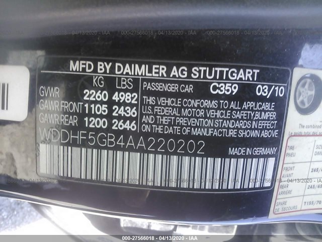 Photo 8 VIN: WDDHF5GB4AA220202 - MERCEDES-BENZ E-CLASS 