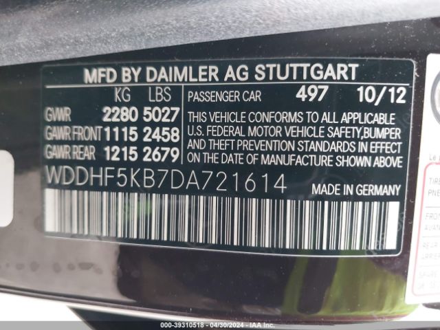 Photo 8 VIN: WDDHF5KB7DA721614 - MERCEDES-BENZ E 350 