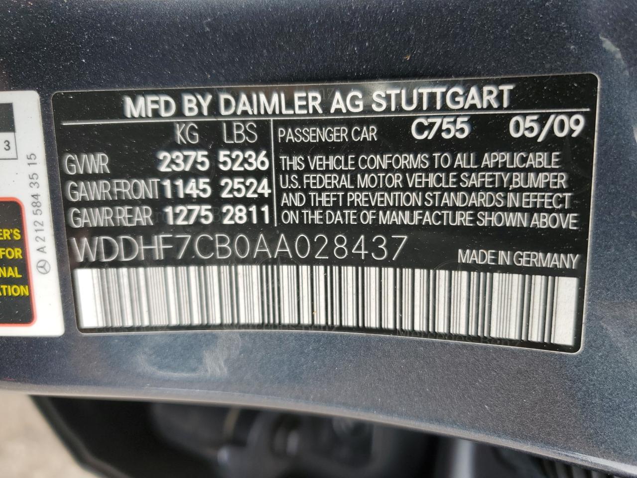 Photo 11 VIN: WDDHF7CB0AA028437 - MERCEDES-BENZ E-KLASSE 