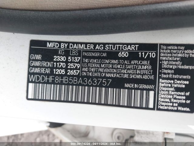 Photo 8 VIN: WDDHF8HB5BA363757 - MERCEDES-BENZ E 350 