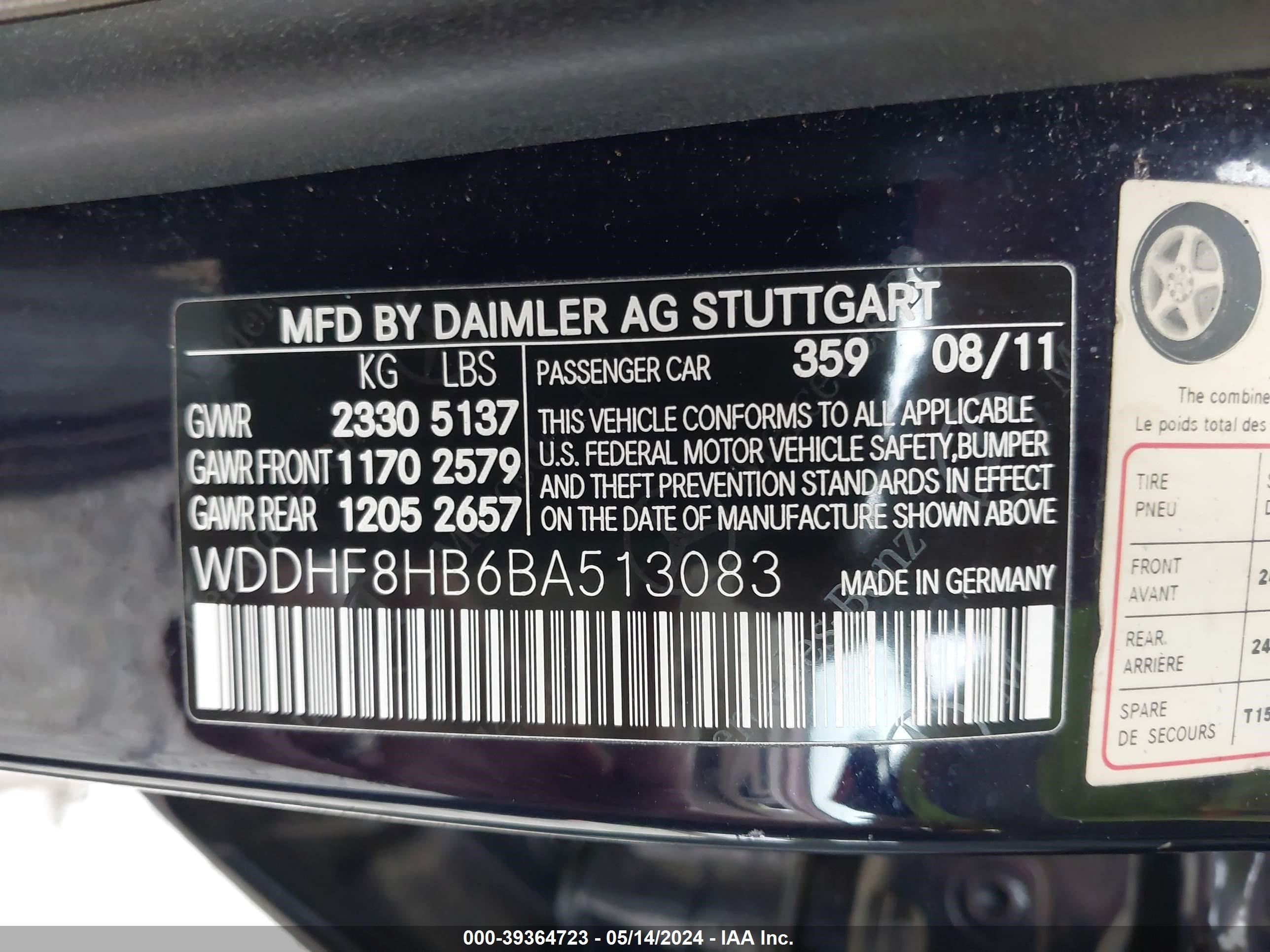 Photo 8 VIN: WDDHF8HB6BA513083 - MERCEDES-BENZ NULL 