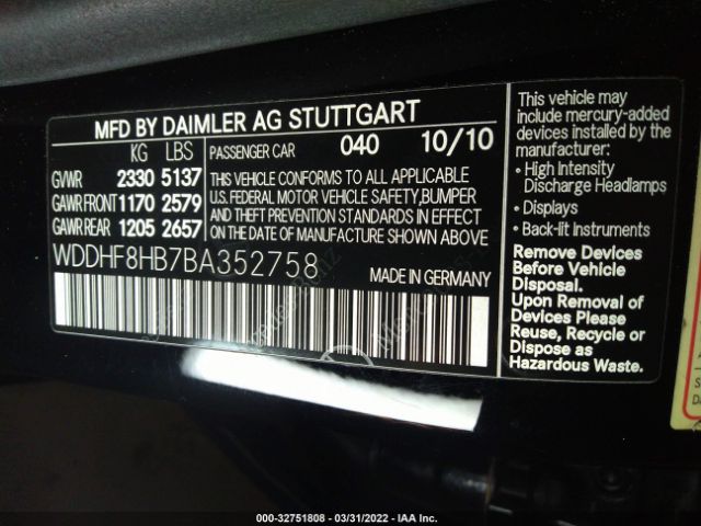 Photo 8 VIN: WDDHF8HB7BA352758 - MERCEDES-BENZ E-CLASS 