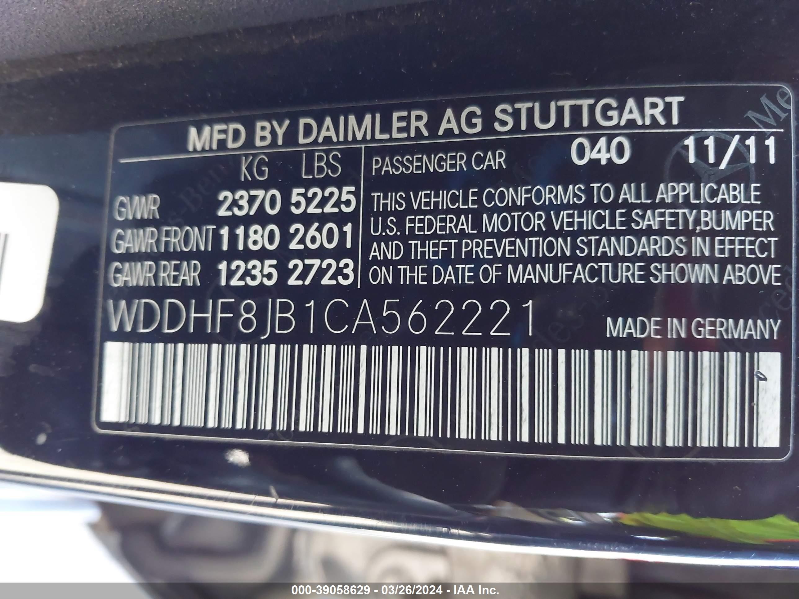 Photo 8 VIN: WDDHF8JB1CA562221 - MERCEDES-BENZ NULL 