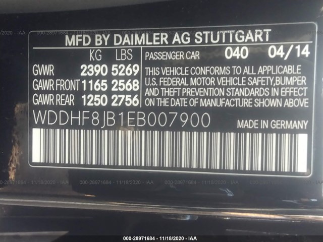 Photo 8 VIN: WDDHF8JB1EB007900 - MERCEDES-BENZ E-CLASS 