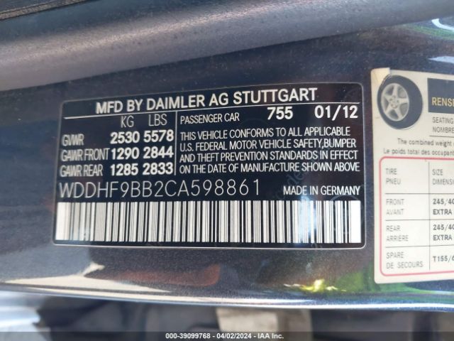 Photo 8 VIN: WDDHF9BB2CA598861 - MERCEDES-BENZ E 550 