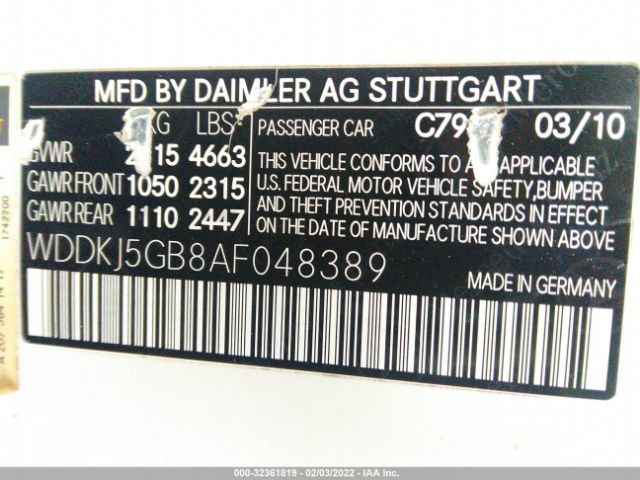 Photo 8 VIN: WDDKJ5GB8AF048389 - MERCEDES-BENZ E-CLASS 