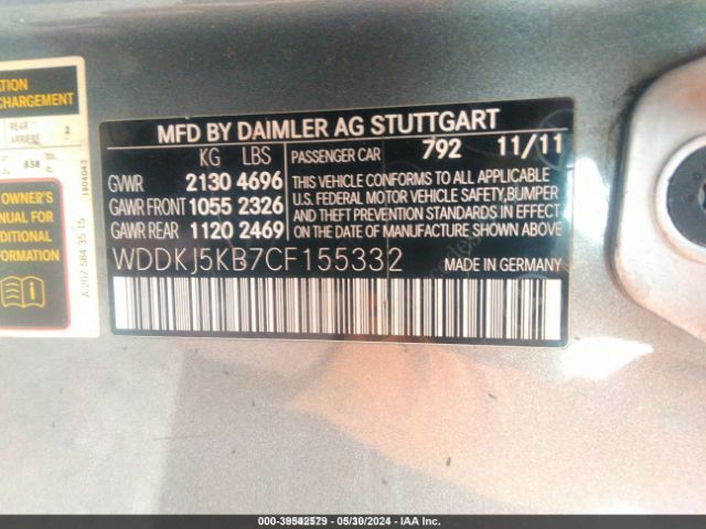 Photo 8 VIN: WDDKJ5KB7CF155332 - MERCEDES-BENZ E-CLASS 