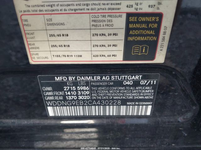 Photo 8 VIN: WDDNG9EB2CA430228 - MERCEDES-BENZ S-CLASS 