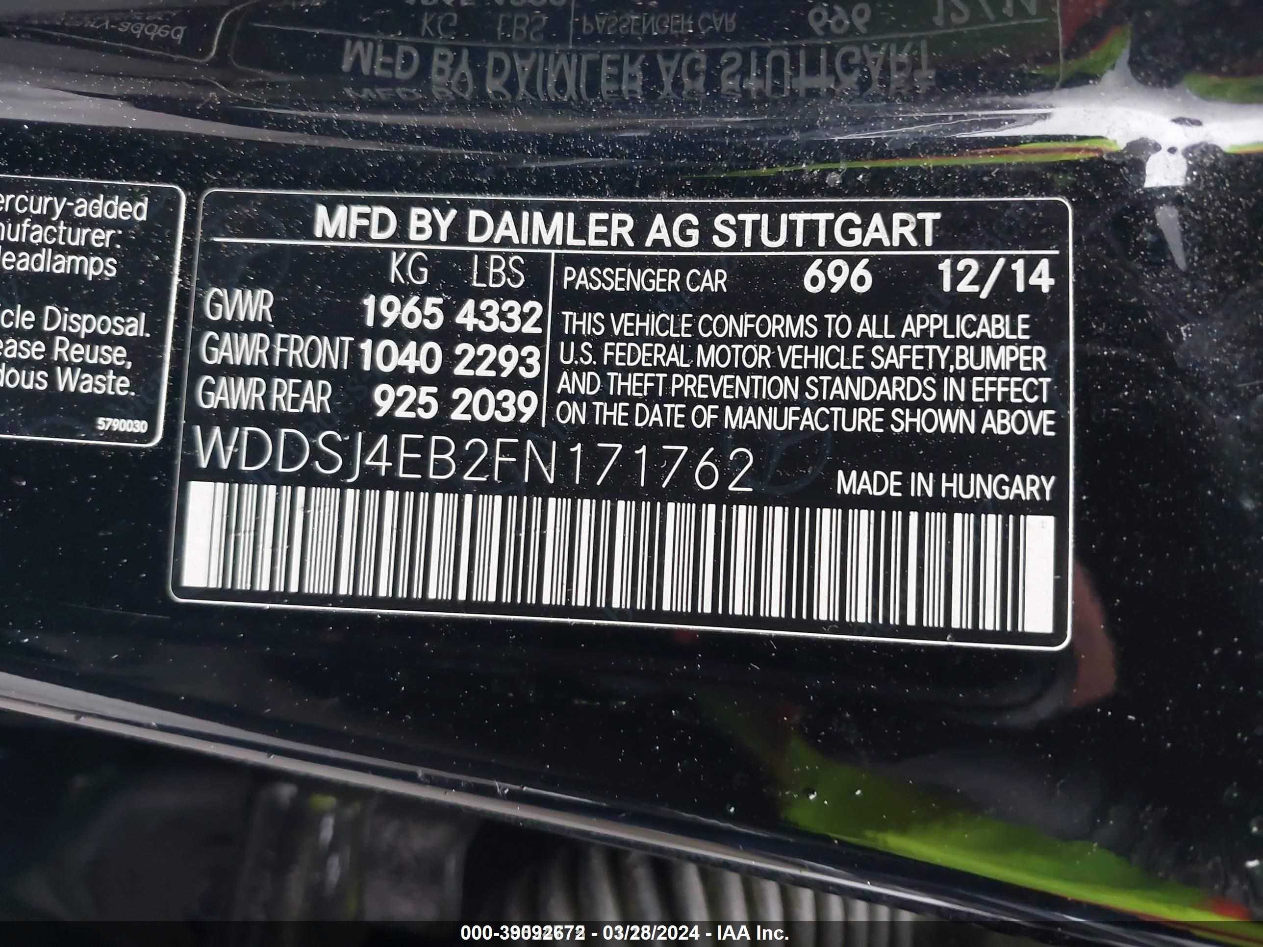 Photo 9 VIN: WDDSJ4EB2FN171762 - MERCEDES-BENZ CLA-KLASSE 