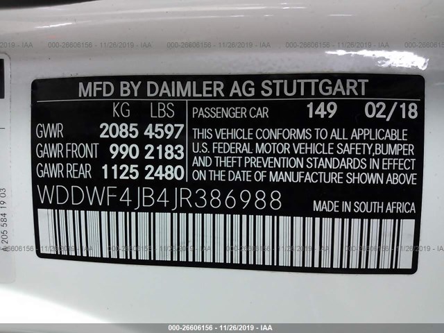 Photo 8 VIN: WDDWF4JB4JR386988 - MERCEDES-BENZ C-CLASS 