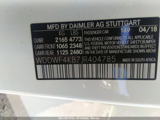 Photo 8 VIN: WDDWF4KB7JR404785 - MERCEDES-BENZ C-CLASS 