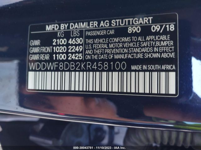 Photo 8 VIN: WDDWF8DB2KR458100 - MERCEDES-BENZ C 