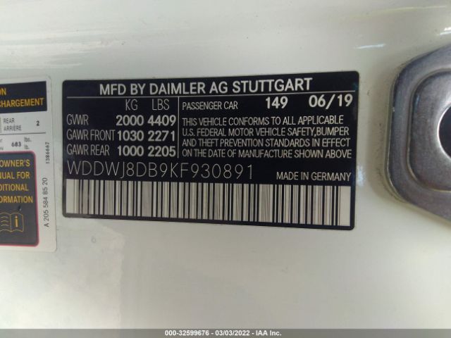 Photo 8 VIN: WDDWJ8DB9KF930891 - MERCEDES-BENZ C-CLASS 