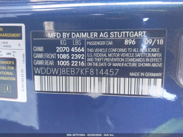 Photo 8 VIN: WDDWJ8EB7KF814457 - MERCEDES-BENZ C 300 