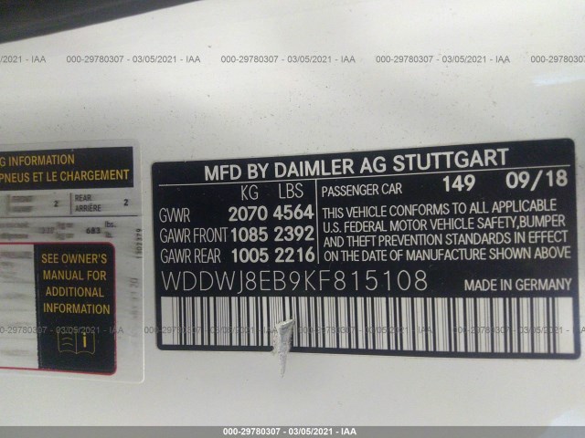 Photo 8 VIN: WDDWJ8EB9KF815108 - MERCEDES-BENZ C-CLASS 