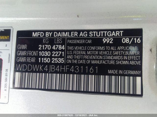 Photo 8 VIN: WDDWK4JB4HF431161 - MERCEDES-BENZ C-CLASS 