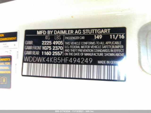 Photo 8 VIN: WDDWK4KB5HF494249 - MERCEDES-BENZ C-CLASS 